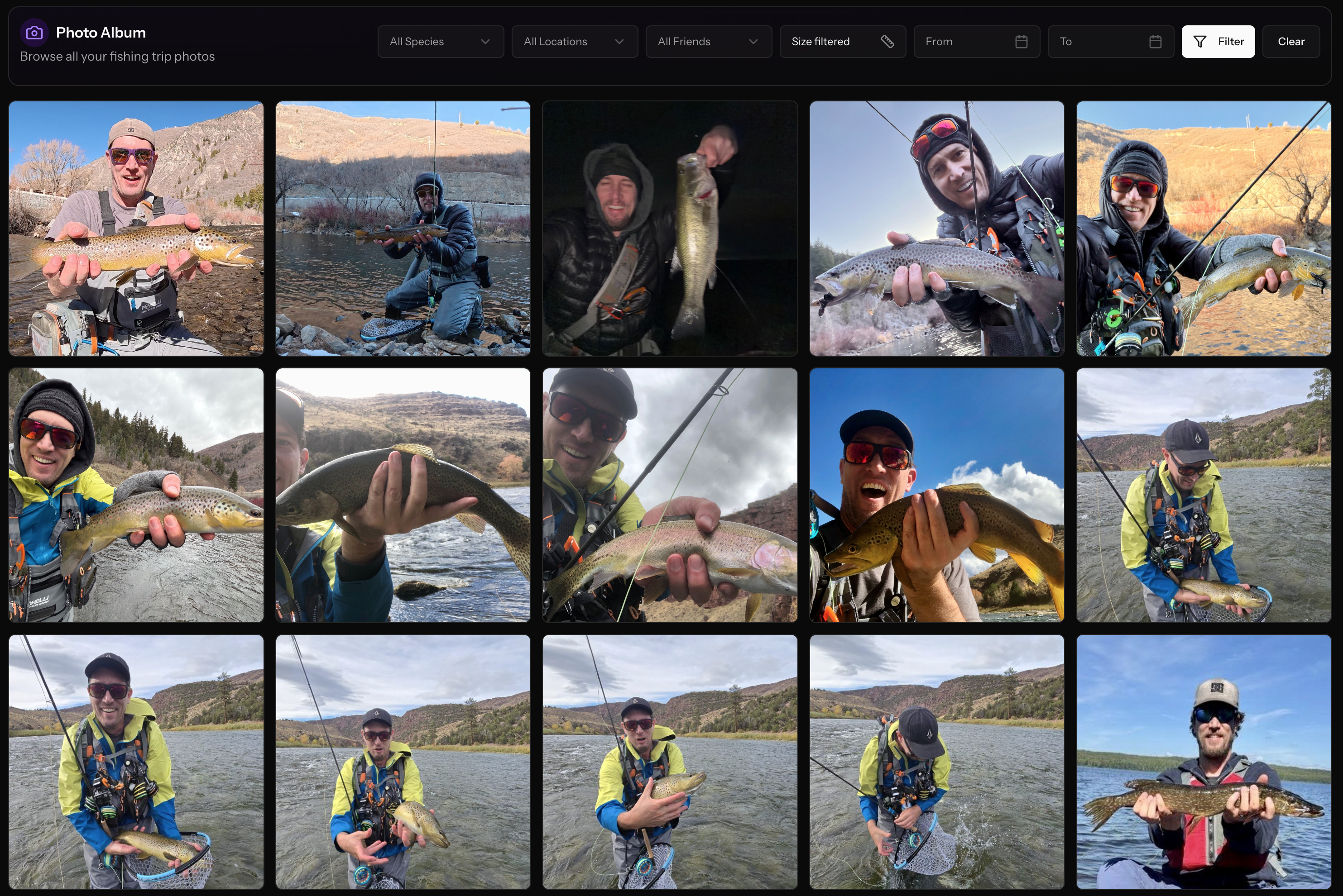 Browse your fishing trip photos filtered by species, location, and friends